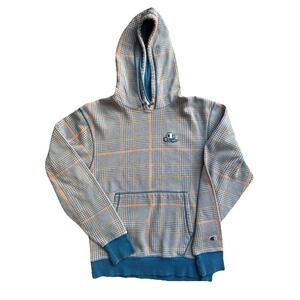Champion Classic Fleece Print Hoodie Mens‎ S Blue Plaid Pouch Pocket